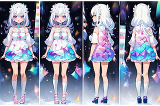 ((magical girl,  white hair,  rainbow eyes,  doll dress,  short dress,  long hair,  small breasts,  pale skin,  soft skin,  colorful snow background,  rainbow,  hearts,  snow,  snowing,  ice,  pastel,  sun)),  (masterpiece,  best quality:1.2),  fluffy,  soft,  light,  bright,  sparkles,  twinkle,  slightly downcast eyes,  cute,  pink,  purple,  crystals,,,,kawaiitech, ((((character sheet)))),(((chibi, loli,lolita))), ((((small legs, chibi legs, short legs)))),jahysama