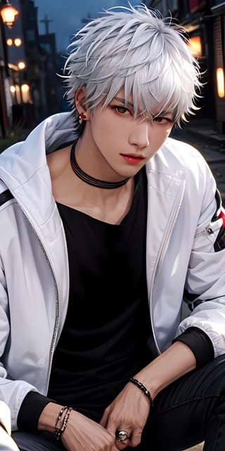 masterpiece, best quality, Looking at viewer, 1boy, solo, male, siams_helios_heros_r,siams_helios_heros_r,earring, white hair, red eyes,hair between eyes,spiky hair, short hair, upper body,ring, white jacket, black T-shirt, dark_alley, cosplayer, asian, light skin, night,