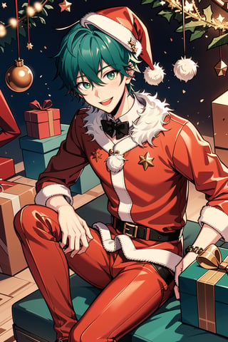 Looking at viewer, solo, male, Nico,Blue hair,Yellow eyes, Santa Claus, Christmas hat, Christmas, Christmas costume, red clothes, red pants, red hat,indoors,  smile,Sage_Skyfall,Green hair,Green eyes, holding gift, Christmas gifts, sitting,