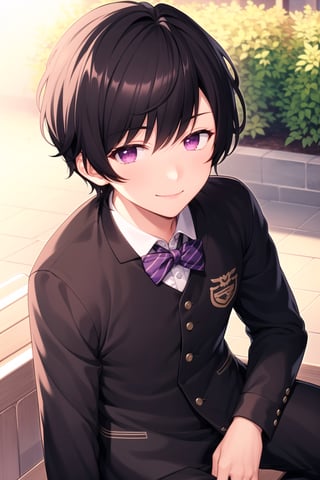 masterpiece, best quality, Looking at viewer, 1boy, solo, male, close up, (shota:1.5), young boy, chibi, smile,  faith beams,Black hair,Purple eyes,outdoors, sitting, male school_uniform,