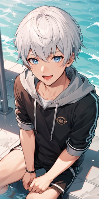 masterpiece, best quality, Looking at viewer, 1boy, solo, male, close up, Oscar_Bale, grey hair, blue eyes, shota,pov, sitting, outdoors, young boy, chibi, open mouth, smile, looking up, from above, 