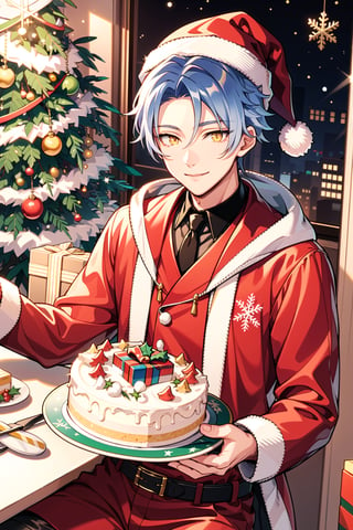 Looking at viewer, solo, male, Nico,Blue hair,Yellow eyes, Santa Claus, Christmas hat, Christmas, Christmas costume, red clothes, red hat,indoors, holding cake, Christmas cake, closed mouth, smile,