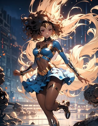 A cute wonder woman, a masterpiece, artwork, expressive and detailed eyes, long and intricately detailed straight hair, fair skin, a dimly lit warship backdrop, showcasing the exceptional graphic performance by Wit Studio.,midjourney,midjourney portrait,,black skin full body with afro hair posing from perfect hands, with headband, soft aura, lava blast around, steam aura around, in aura, landscape, vivid colors, soft, cinematic, darken colors, ultra detailed, realism, superb, face detailed , Niji Slime, 