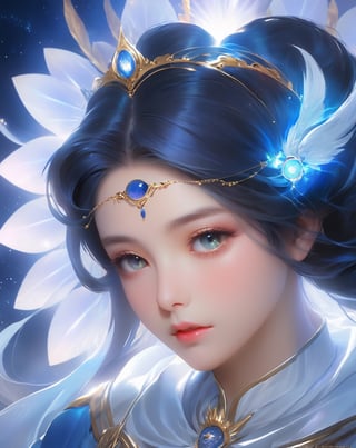 a close up wide angle of a woman with dark blue flame head, portrait of queen of light, extremely detailed goddess shot, goddess art, npc with a saint\'s halo, by Hidari Jingorō, goddess portrait, goddess of light, angelic halo, epically luminous image, npc with a saint's halo, celestial aura, bright divine lighting, Goddess of light ,dfdd,2d_animated,Spirit Fox Pendant,phoenix pendant,cutegirlmix