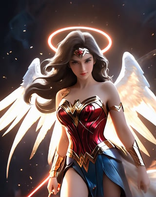 an image of an wonder women qpangel in the sky, unreal engine render + a goddess, wonder woman as a heavenly angel, unreal engine render saint seiya, goddess of light, wonder woman meditating in space, infinite angelic wings, tron angel, wings made of light, angelic wings on her back, square enix cinematic art, tall female devil, wonder woman as an devil, variant poses, ,detailmaster2, flying, very bright gorgeous eyes,