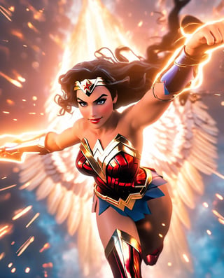 an image of an wonder women qpangel in the sky, unreal engine render + a goddess, wonder woman as a heavenly angel, unreal engine render saint seiya, goddess of light, wonder woman meditating in space, infinite angelic wings, tron angel, wings made of light, angelic wings on her back, square enix cinematic art, tall female devil, wonder woman as an devil