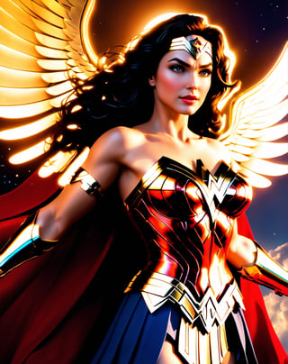 an image of an wonder women qpangel in the sky, unreal engine render + a goddess, wonder woman as a heavenly angel, unreal engine render saint seiya, goddess of light, wonder woman meditating in space, infinite angelic wings, tron angel, wings made of light, angelic wings on her back, square enix cinematic art, tall female devil, wonder woman as an devil, variant poses, ,detailmaster2, flying, very bright gorgeous eyes,