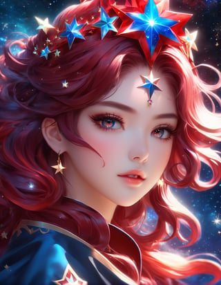 a woman with stars in her hair and a dark red star crown, beautiful anime portrait, beautiful fantasy art portrait, stunning anime face portrait, beautiful fantasy portrait, by Ross Tran, beautiful anime art style, anime fantasy artwork, anime girl with cosmic hair, detailed portrait of anime girl, gorgeous digital art, beautiful anime art, very beautiful fantasy art, anime art nouveau cosmic display