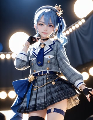 (fyx,masterpiece,score_9,score_8_up,score_7_up,score_6_up),HoshimachiSuisei,SuiseiBase,side ponytail,blue hair ribbon,plaid beret,crown,blue star choker,star earrings,blue ascot,
grey plaid jacket,grey plaid skirt,layered skirt,partially fingerless gloves,star bracelet,uneven legwear,thigh strap,stage,stage lights,arms at side,smile