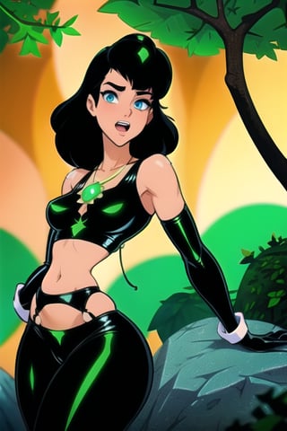 (high resolution), (8K), (extremely detailed), (4k), best quality, ((masterpiece, best quality)), ((((90s cartoon colors)))), expressive, perfect face, ((tall woman)), (((beautiful face))), ((((green eyes)))), ((long flowing black hair)), ((thin neck)), (((very small breast))), ((flat stomach)), (((small waist))), ((large hips)), ((((black leather harness)))), ((((black shiny latex panties)))), ((((glowing green magical pendant)))), ((long latex gloves)), (branches), (trees), (bushes), (((ivy))), (rocks), bog background, (dark scene), (((((disney style)))), ((((disney)))),

BREAK

Volumetric lighting, shading, detailed illumination, reflections, shadows, VFX, chromatic aberration, ((depth of field)), (((bokeh))),