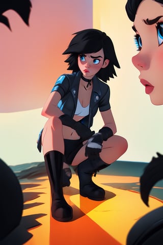 (high resolution), (8K), (extremely detailed), (4k), best quality, ((masterpiece, best quality)), expressive eyes, perfect face, ((1girl)), (((sad))), (((very pale))), ((freckles)), (((perky small breast))), ((wide hips)), ((((very messy black hair)))), ((leather jacket)), ((dark denim shorts)), ((bike gloves)), ((leather boots)), ((choker)),

BREAK

Volumetric lighting, shading, detailed illumination, reflections, shadows, VFX, chromatic aberration, ((depth of field))