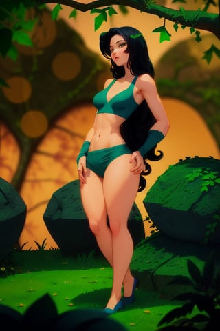 (high resolution), (8K), (extremely detailed), (4k), best quality, ((masterpiece, best quality)), ((((90s cartoon colors)))), expressive, perfect face, ((tall woman)), (((beautiful face))), ((((green eyes)))), ((long flowing black hair)), ((thin neck)), (((very small breast))), ((flat stomach)), (branches), (trees), (bushes), (((ivy))), (rocks), bog background, (dark scene),

BREAK

Volumetric lighting, shading, detailed illumination, reflections, shadows, VFX, chromatic aberration, ((depth of field)), (((bokeh))),