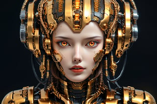CyberZomb, sf, cyborg girl, mechanical parts, art deco style, gold details, upper body, waist to head portrait, intricate art masterpiece, sinister, golden ratio, trending on cgsociety, intricate, epic, trend on artstation, by artgerm, h. r. giger and beksinski, very detailed and vibrant production film character representation, high quality, DonMCyb3rN3cr0XL, FilmGirl