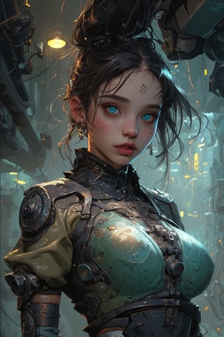 (masterpiece+artwork+best quality+better), (extremely detailed 8k CG unity wallpaper), (environment details+detailed particles), {a cute girl+dark skin+intense+bright green detailed eyes}, [cute place background+soap bubbles+rustic lighting+steampunk+cyberpunk clothes], full_body.