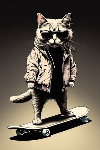 cat wearing shoes and sunglasses, cat wearing a jacket, cat standing on skateboard, ollie, basic ollie, standing, vignette the side frame, dark black background, feathered edges, gradual darkening effect of the side frame, vignette the side frame, high_res, high_resolution, highres