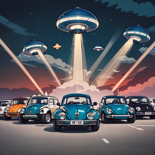 a dusk sky with 25 flying saucers. Beams of light emanating from each saucer, with silhouettes of a plethora of 2010 new beetle cars in the foreground, background roswell, nm



