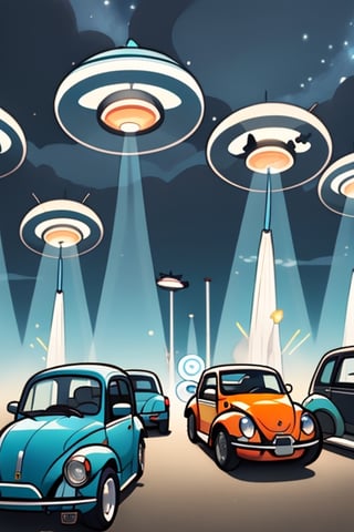 a dusk sky with 25 flying saucers. Beams of light emanating from each saucer, with silhouettes of a plethora of 2010 new beetle cars in the foreground, background roswell, nm



