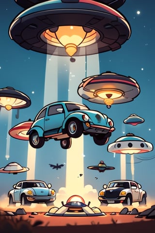 a dusk sky with 25 flying saucers. Beams of light emanating from each saucer, with silhouettes of a plethora of 2010 new beetle cars in the foreground, background roswell, nm



