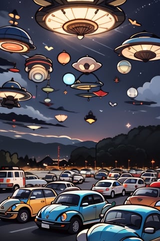 a dusk sky with 25 flying saucers. Beams of light emanating from each saucer, with silhouettes of a plethora of 2010 new beetle cars in the foreground, background roswell, nm



