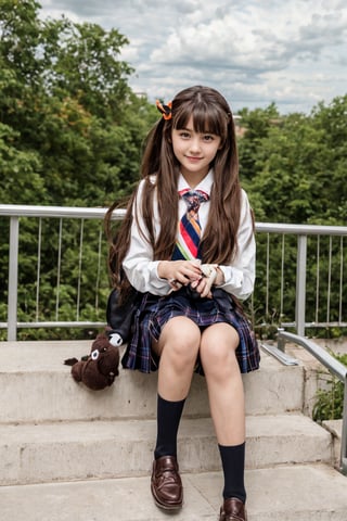 A stunning 16K UHD image of a beautiful girl sitting provocative on stairs, wearing a school uniform with brown hair styled in bangs and a hair ribbon, pleated skirt, black socks, loafers, and a neckerchief. She sits with slender hands holding a mandarin orange and a stuffed owl toy (kero). The background features an intricate depiction of a serene outdoor setting at dusk, with clouds, petals, leaves, and a railing. The girl looks directly at the viewer with a bright smile and sparkling eyes, surrounded by vivid colors and high contrast. Her long hair flows gently in the wind, and her school bag sits beside her on the stairs. In her lap, she cradles a cute stuffed penguin toy.