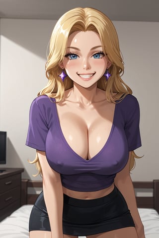 Becky, a stunning blonde beauty, strikes a sultry pose in her bedroom at night. She's wearing a purple shirt and black pencil skirt that accentuates her curvaceous figure. Her long hair is styled with a chic bow and adorned with sparkly earrings. A bright smile illuminates her face as she looks directly at the viewer, one hand resting confidently on her hip. The camera captures her from a low angle, emphasizing her impressive bust size (1.3) and creating a sense of intimacy. She's surrounded by the soft glow of a phone's screen, capturing the perfect selfie.