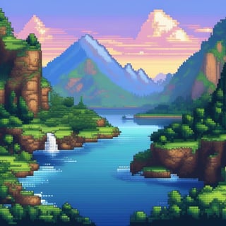 pixel art style , an image depicting majestic natural landscapes such as the sea, mountains, rivers, and more. ,8k