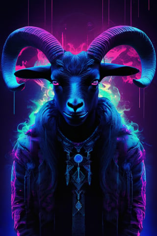 hyperrealistic| eerie and sinister| dramatic and contrasty lighting with blacklight effects| dynamic composition, showcasing intricate details| dark and ominous background with faint occult symbols| deep, dark hues contrasted with vibrant neon accents| surreal horror art| a demonic goat-headed figure with intricate blacklight makeup