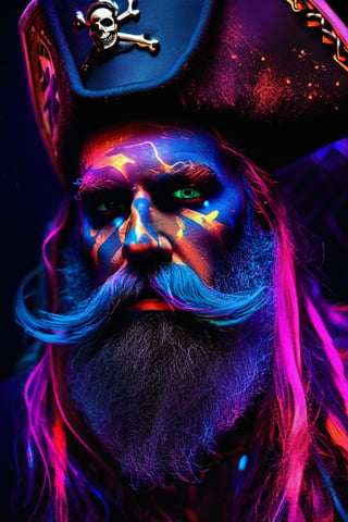 portrait| intense and dramatic| low-key lighting with strong contrast| medium shot, highlighting the pirate's face and beard| dimly lit pirate ship interior| deep, rich and contrasting colors with neon accents| digital art with a graffiti twist| a rugged pirate with a wild beard wearing blacklight makeup that glows in the dark| The pirate has a rugged appearance with a weathered face, a large beard, and is adorned with glowing ((blacklight makeup)) that creates an eerie and otherworldly effect