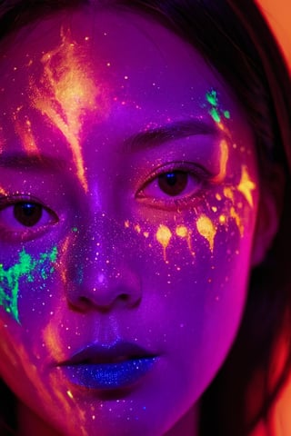 xxmix_girl,portrait of a woman with blacklight makeup,soft light,sunshine,xxmix girl woman,blacklight makeup