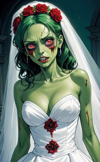 a viscious green-skinned zombie bride with red eyes wearing a white wedding dress | vividly expressive comic book art with high-definition toon-shaded cel anime aesthetics, meticulously hand-crafted 2D manual illustration, featuring striking bold black outlines for dynamic subject-background isolation.
