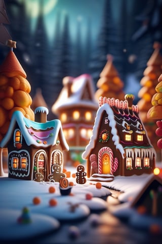 closeup of miniature gingerbread candy village, colorful, fantasy, fairytale, forest, halloween, snow, bokeh, depth of field 1 0 0 mm, cinematic scene, studio quality, unreal engine, octane render, trending on artstation,