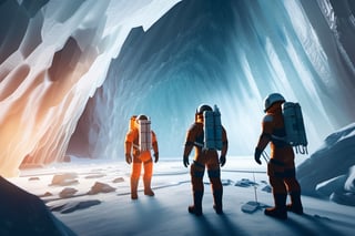 photo realistic space explorers standing in massive ice cave, volumetric lighting