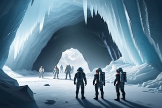 photo realistic space explorers standing in massive ice cave, volumetric lighting