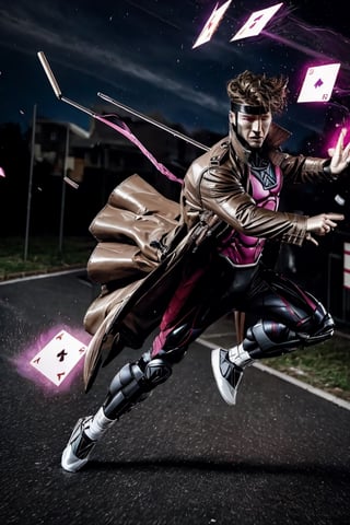 Gambit, Le Diablo Blanc, Remy Lebeau,  holding,weapon, bo staff,  holding weapon, coat, glowing, glowing eyes, card, trench coat, magic, specular highlights, ((high speed moves, visible air traces)), fast paced dynamic scene, 60fps, Marvel, Capcom, Ufotable, realistic holding staff movement, realistic throwing cards movement, realistic legs movement, realistic Gambit face head and hair movement, realistic clothes with exceptional dynamic movement, light motion blur, 3d, motiontrail