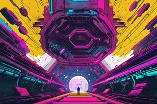 !dream arriving on a derelict space station, cinestill, ominous, epic, wonderfully colorful, illustration, ink lines, accurate, weird, neon ink, clean, minimal,  octane render