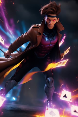 Gambit, Le Diablo Blanc, Remy Lebeau,  holding,weapon, bo staff,  holding weapon, coat, glowing, glowing eyes, card, trench coat, magic, specular highlights, ((high speed moves, visible air traces)), fast paced dynamic scene, 60fps, Marvel, Capcom, Ufotable, realistic holding staff movement, realistic throwing cards movement, realistic legs movement, realistic Gambit face head and hair movement, realistic clothes with exceptional dynamic movement, light motion blur, 3d, motiontrail,High detailed 