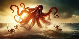 cinematic scene of a group of ( multiple spartans:1.3) fighting a giant octopus monster, very original, hyper realistic, best quality, ultra high resolution, cinematic ilghting, strong depth of field, god rays, dramatic composition, intense fighting masterpiece, very intricate, noir, colorful, original, impressive, outstanding,  lens flare, very clear, stunning sea background, 200mm, 64k, 4000dpi, (RAW, photo),Movie Still,greg rutkowski