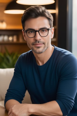 high-resolution, one young adult male portrait, casual vibe, in his thirties, short casual dark hair, thick and bold modern glasses, confident and friendly smirk, embracing life, bright perceptive and insightful eyes, relaxed facial structure, natural complexion, warm soft lighting, approachable wide jawline, informal attire, soft-blurred background, charismatic facial expression, natural eyebrows with a gentle arch, healthy skin tone, clean-shaven, affable technical leader