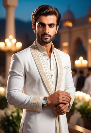 create portrait of a pakistani men , wearing white shalwar kameez , also wearing a shawl , handsome boy , 8k , hyper realistic ,  ultra realistic , watching time in his wrist watch,standing in a weding event in pakistan
 
