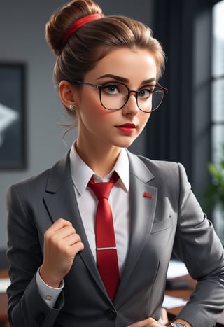 (masterpiece),  The woman has brown hair tied up in a bun, and is wearing a dark gray tailored suit, with a white shirt and a red tie. He wears black-framed glasses and a silver wristwatch,  the image is 8k quality,A girl dancing 