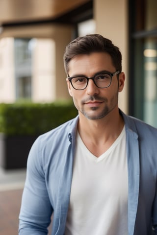 high-resolution, one young adult male portrait, casual vibe, in his thirties, short casual dark hair, thick and bold modern glasses, confident and friendly smirk, embracing life, bright perceptive and insightful eyes, relaxed facial structure, natural complexion, warm soft lighting, approachable wide jawline, informal attire, soft-blurred background, charismatic facial expression, natural eyebrows with a gentle arch, healthy skin tone, clean-shaven, affable technical leader