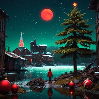 Snowing, silhouette of a lone child looking at a green Christmas tree with red & white decorations by the water in a dark destroyed city, in the style of beeple, mike campau, reflections, caras ionut, whimsical ambiance, dramatic, surrealistic storytelling