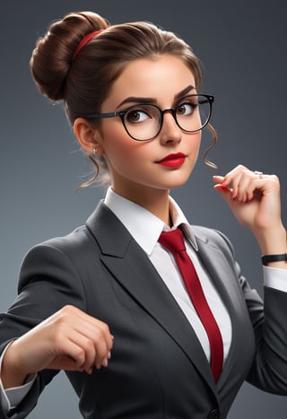 (masterpiece),  The woman has brown hair tied up in a bun, and is wearing a dark gray tailored suit, with a white shirt and a red tie. He wears black-framed glasses and a silver wristwatch,  the image is 8k quality,A girl dancing 