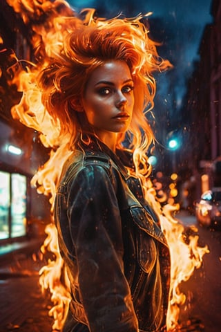 photography of female fire elemental lost and afraid in city, fantasy meets reality, helpless creature, fire hair, glowing eyes, fantasy creature in modern world, lost in dark alley, cute innocence look, pov_eye_contact,beauty, masterpiece, analog, realism