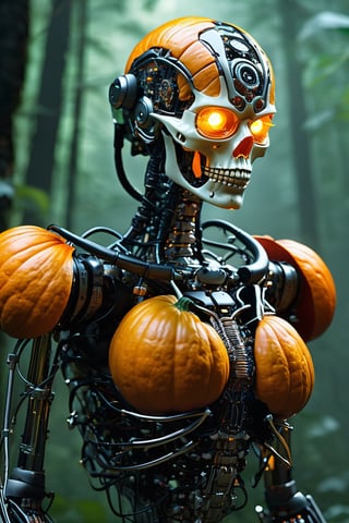 pumpkin veins, forest, Ultra realistic,, realistic . 64k. abstract masterpiece, clear glass pumpkin filled with a complex cyberpunk skeleton and little nanites, detailed clear glass pumpkin filled with a complex cyberpunk and nanites brain, (complex cyberpunk eletric nanite veins, complex cybernetic eyes), cinema style, Masterpiece, hyperdetailed, intricately detailed, Professional photography, bokeh, natural lighting, canon lens, shot on dslr 64 megapixels sharp focus, complex,Robot,Female Robot,Monster