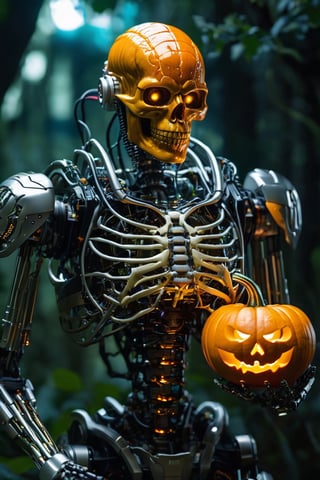pumpkin veins, forest, Ultra realistic,, realistic . 64k. abstract masterpiece, clear glass pumpkin filled with a complex cyberpunk skeleton and little nanites, detailed clear glass pumpkin filled with a complex cyberpunk and nanites brain, (complex cyberpunk eletric nanite veins, complex cybernetic eyes), cinema style, Masterpiece, hyperdetailed, intricately detailed, Professional photography, bokeh, natural lighting, canon lens, shot on dslr 64 megapixels sharp focus, complex,Robot,Female Robot,Monster