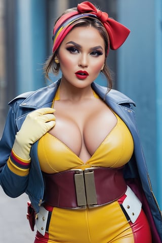 Create a stunning women, looking at viewer, Huge breasts, voluptuous, jacket, parted lips,belt, open jacket, lips, exposed_navel, makeup, headband, outstretched arm, lipstick, multicolored clothes, buckle, belt buckle, red lips, yellow gloves, specular highlights, Rogue of the X-men, nice hands,Detailedface,photo of perfecteyes eyes,leonardo
