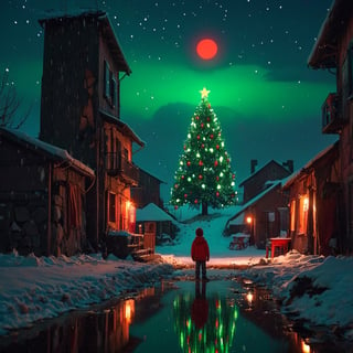 Snowing, silhouette of a lone child looking at a green Christmas tree with red & white decorations by the water in a dark destroyed city, in the style of beeple, mike campau, reflections, caras ionut, whimsical ambiance, dramatic, surrealistic storytelling