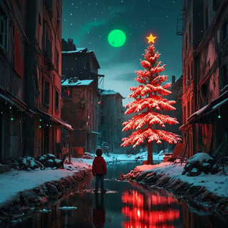 Snowing, silhouette of a lone child looking at a green Christmas tree with red & white decorations by the water in a dark destroyed city, in the style of beeple, mike campau, reflections, caras ionut, whimsical ambiance, dramatic, surrealistic storytelling