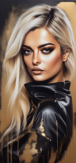 BebeRexha,breathtaking portrait of a gorgeous girl, sultry, dark gold and black, leather fabrics,exposed cleavage, jagged edges, eye-catching detail, insanely intricate, vibrant light and shadow , beauty, paintings on panel, textured background, captivating, stencil art, style of oil painting, modern ink, watercolor , brush strokes, negative white space